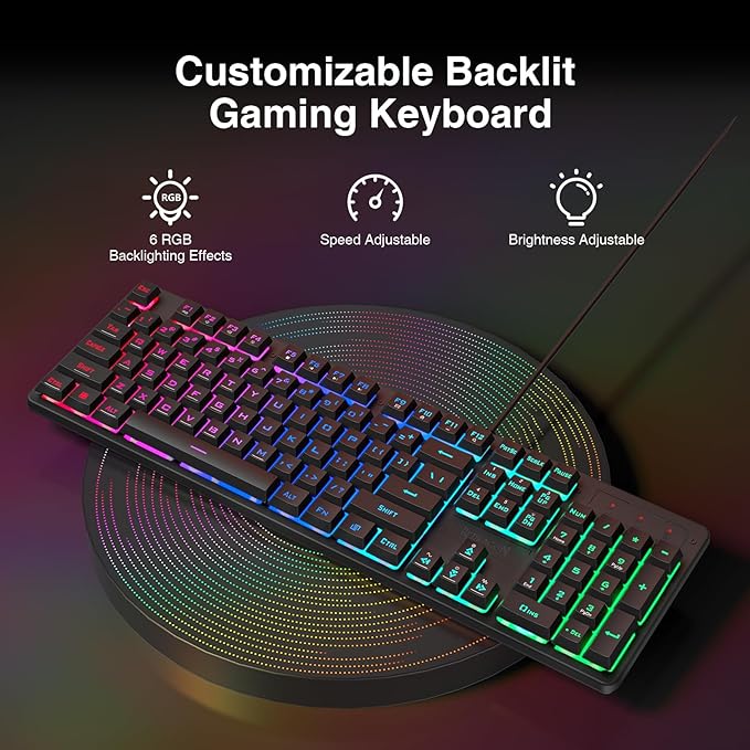Redragon S107 Gaming Keyboard and Mouse RGB Gaming Keyboard and 3200 DPI Mouse Combo with Large Mouse Pad 25-Key Anti-Ghosting Mechanical Feeling Keyboard Plug &amp Play to PC Laptop