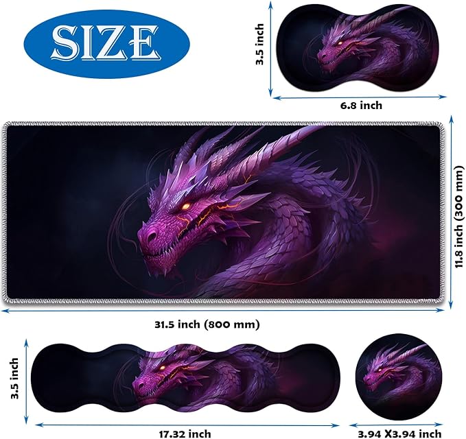 4 in 1 Mouse Pad Combo Large Gaming Mouse Pad + Keyboard Wrist Support + Mouse Wrist Rest + Coaster Table Pad 31.5 x 11.8 with Memory Foam Ergonomic Wrist Pad Set Flame Eyes Purple Dragon