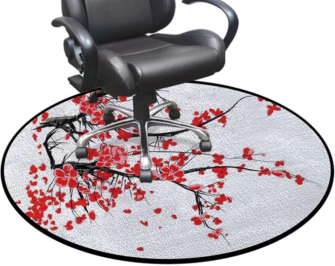 Gaming Chair Mat for Hardwood Floor Anti-Slip Floor Protector Game Controller Rubber Gaming Computer Chair Mat Floral Japanese Cherry Blossom Vermilion WhiteDiameter 48 in