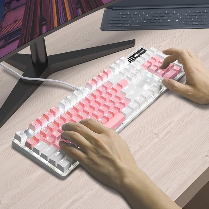 MageGee Mechanical Gaming Keyboard New Upgraded Blue Switch 104 Keys White Backlit Keyboards USB Wired Mechanical Computer Keyboard for Laptop Desktop PC Gamers(White &amp Pink)
