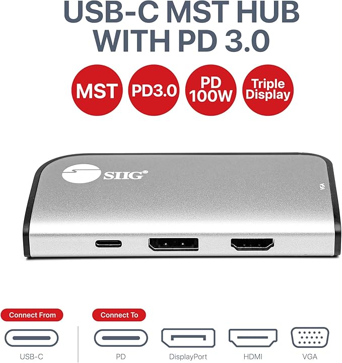 SIIG USB-C MST Hub with PD 3.0 USB-C to DP/HDMI/VGA Single 4K30+Dual 1080p or Triple 1080p Video outputs PD 100W for Windows and Chromebook laptops (DP Alt Mode) NOT for Mac OS (CB-TC0G11-S1)