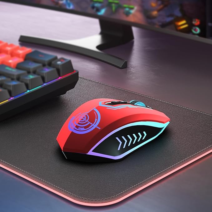 UHURU Gaming Mouse Wireless Gaming Mouse with 7 Buttons 7 Changeable LED Color up to 12000 DPI Rechargeable USB Gamer Mouse for PC Laptop (Red)