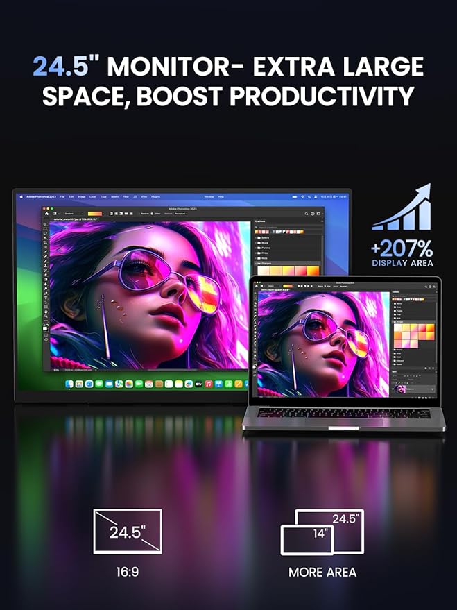UPERFECT 24.5 2K Portable Monitor 165Hz Gaming Monitor 1ms FreeSync HDR IPS Large Mobile Screen Built-in 180° Adjustable Stand/VESA USB-C HDMI Second Screen for Laptop Phone Game Console