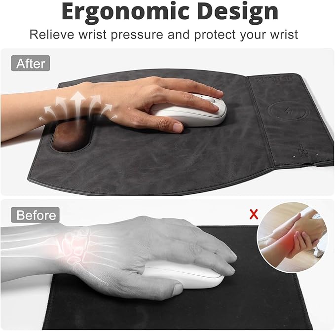 Magnetic Wireless Charging Mouse Pad with Ergonomic Design Mousepad with Wrist Support Foldable Mousepad with Wrist Rest for Computer Laptop Office &amp Home 14 x 12.1 in Grey