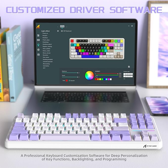 ATTACK SHARK X87 Wireless Mechanical Gaming Keyboard 87 Keys RGB Backlit Gasket Mount PC Gaming Keyboard Compact Hot-Swappable Mechanical Keyboard Sound Absorbing Pads Custom Switch(Purple White)
