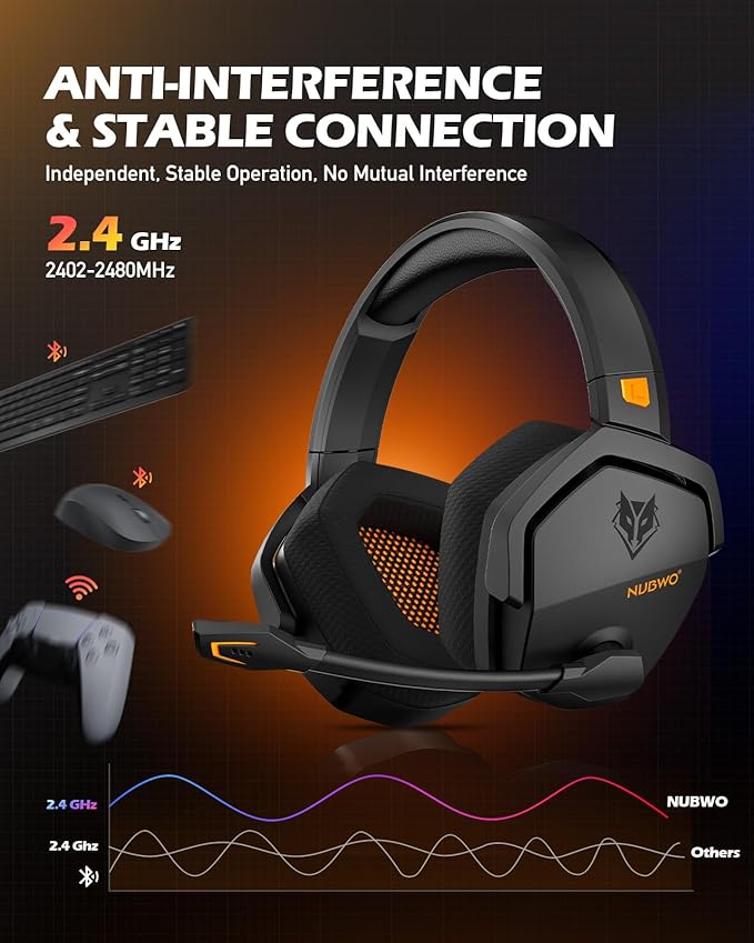 NUBWO Wireless Gaming Headset with Mic for Ps5 Ps4 PC Zero Interference 100-Hour Battery All-Day Play 23ms Sync for Fortnite &amp Call of Duty/FPS Gamers Triple Mode All Devices Compatible - Ora