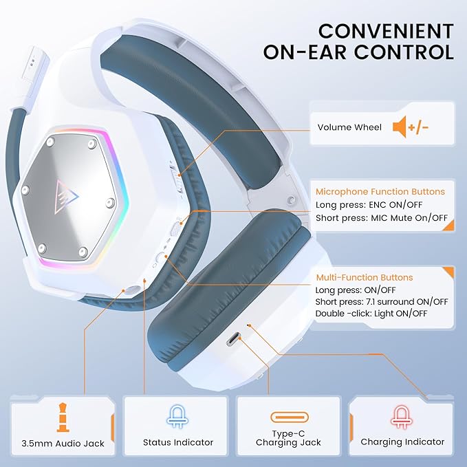 EKSA E1000WT Wireless Gaming Headset2.4GHz USB Gaming Headphones with Microphone for PC PS5 PS4 Nintendo Switch 7.1 Surround Sound Headset RGB Light Ergonomic Design for Birthday Gift