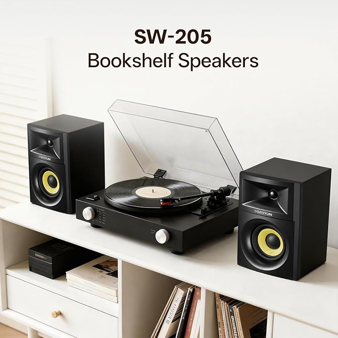 Sanyun SW205 80W Powered Bookshelf Speakers with 3D Soundstage | Precision DSP Spatial Audio &amp Geometric Cabinet | 4 Glass Fiber Woofer Optical/Bluetooth 5.4/AUX Wireless Remote (Pair Black)