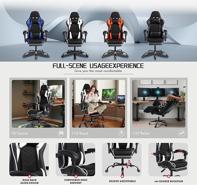 Gaming Chair High Back Ergonomic Office Chair with Massage Lumbar Support and Footrest Reclining Swivel Gamer Seat for Adults Kids Home Bedroom Black White