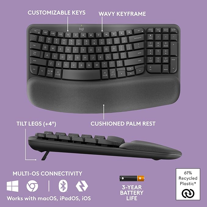 Logitech Wave Keys Wireless Ergonomic Keyboard with Cushioned Palm Rest Comfortable Natural Typing Easy-Switch Bluetooth Logi Bolt Receiver for Multi-OS Windows/Mac - Graphite