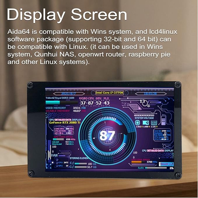 PC CPU HDD Data Monitor 3.5in Computer Temperature Display with Holder Live Readouts GPU Internet Speed Weather Visual Theme Editor USB Computer Temp Monitor for RasPi for