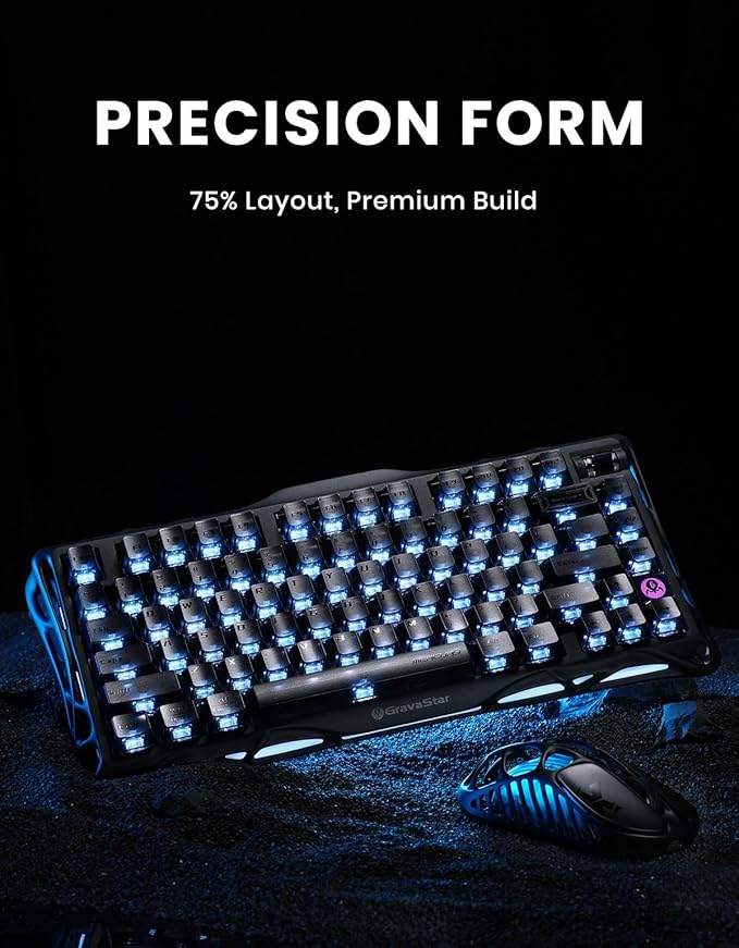 GravaStar Mercury K1 75% Wireless Mechanical Keyboard Aluminum Alloy Gaming Keyboard with Knob Hot Swappable Linear Switches Transparent Keycaps RGB Backlit 2.4GHz/BT5.0/USB for PC Gaming