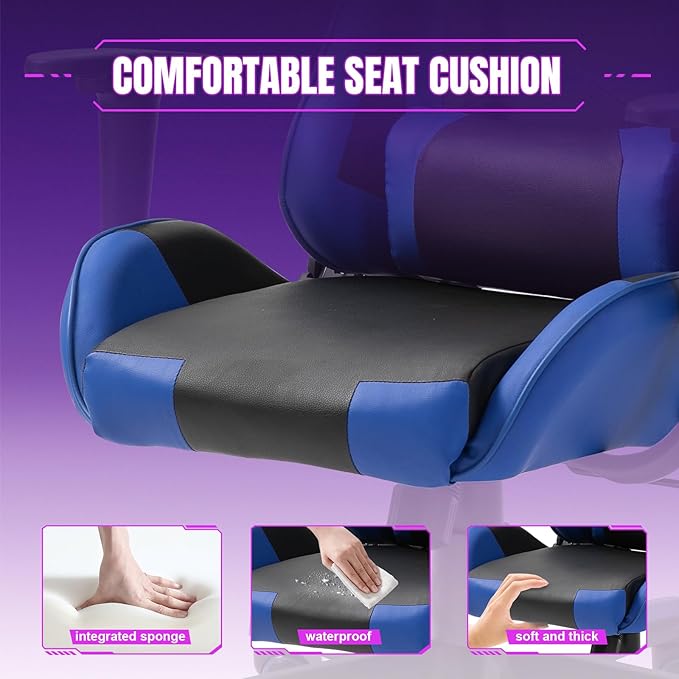 DIKEP Gaming Chair PC Computer Chair with Footrest and Lumbar Support PU Leather Headrest and Height Adjustable Ergonomic Reclining Chair w/ 360° Swivel Seat for Office and Home - Black &amp Blue