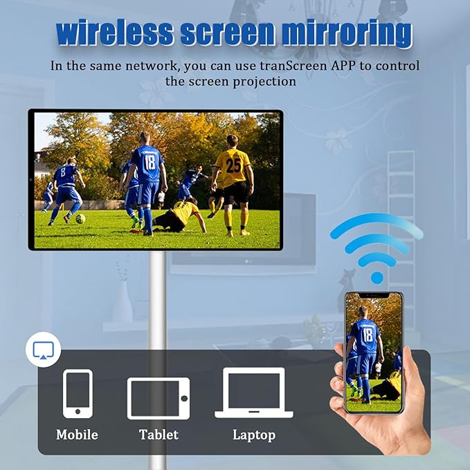 24 Inch Portable Smart Screen on Wheels Wireless Touch Monitor Android 12 Full-Motion Mount 1080P Touch Screen for Streaming Work and Multi-Purpose Use 6+128GB