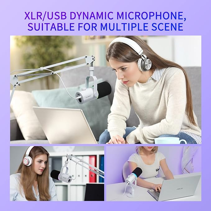 FEELWORLD PM1 XLR USB Dynamic Microphone Gifts for Podcast Recording PC Computer Gaming Live Streaming Vocal Voice-Over Studio Metal Mic with RGB Light Mute Button Headphones Jack (White)