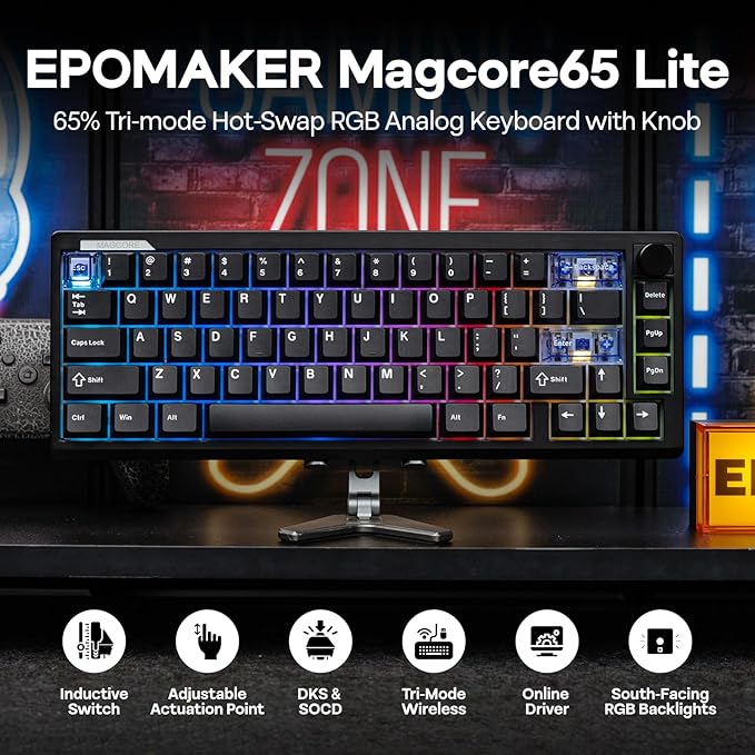 EPOMAKER Magcore65 Lite Wireless Analog Keyboard DKS &amp SOCD 8K Polling Inductive Switch PC &amp PBT Keycap Hot-Swap RGB 2.4G/BT 65% Layout Gaming Keyboard