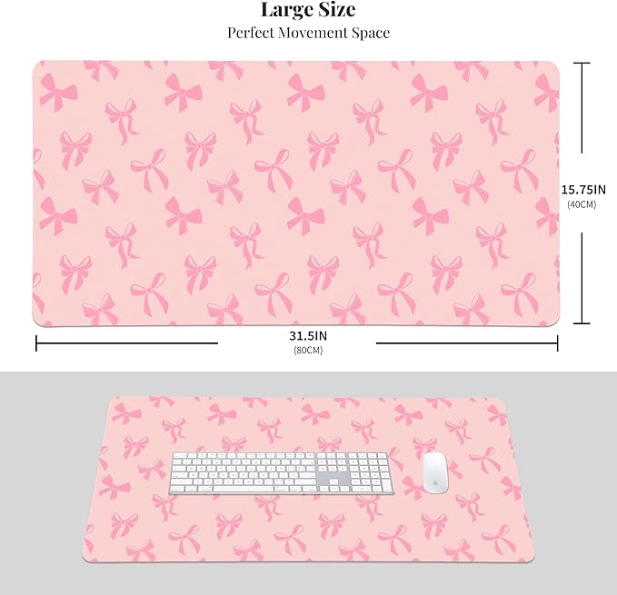 Idocolors Minimalist Pink Bow Desk Mat Pink Extended Gaming Keyboard Mouse Pad Large Cute Kawaii Women Office Desk Mat Protector 31.5x15.7