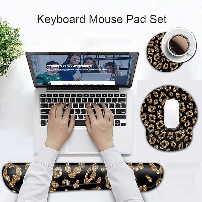 Ergonomic Mouse Pad Gel Wrist Support and Memory Foam Keyboard Wrist Rest Set for Gaming Computer Office Laptop Easy Typing Wireless Mouse Mat Gold Glitter Leopard Black Office Desk Pad