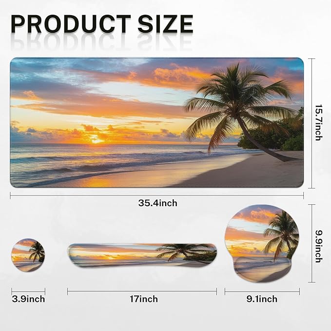 Arttown Sunset Ocean Desk Mat Tropical Beach Mouse Pad Set 4 in 1 Summer Sea Ergonomic Design Large Desk Pad + Keyboard Wrist Rest + Mouse Wrist Rest + Coaster Suitable for Home Office Study Game