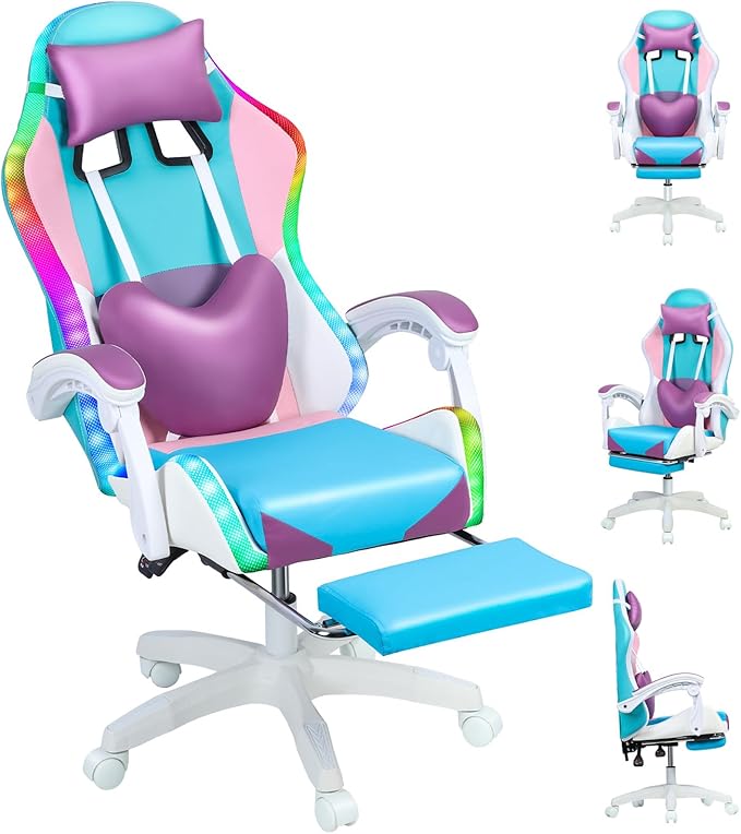 Gaming Chairs for Adults - Computer Chair with Footrest &amp Ergonomic High Back LED Light 360° Swivel Height Adjustable Gamer Chairs Office Chair for Working Gaming Resting Sleeping Girls Purple