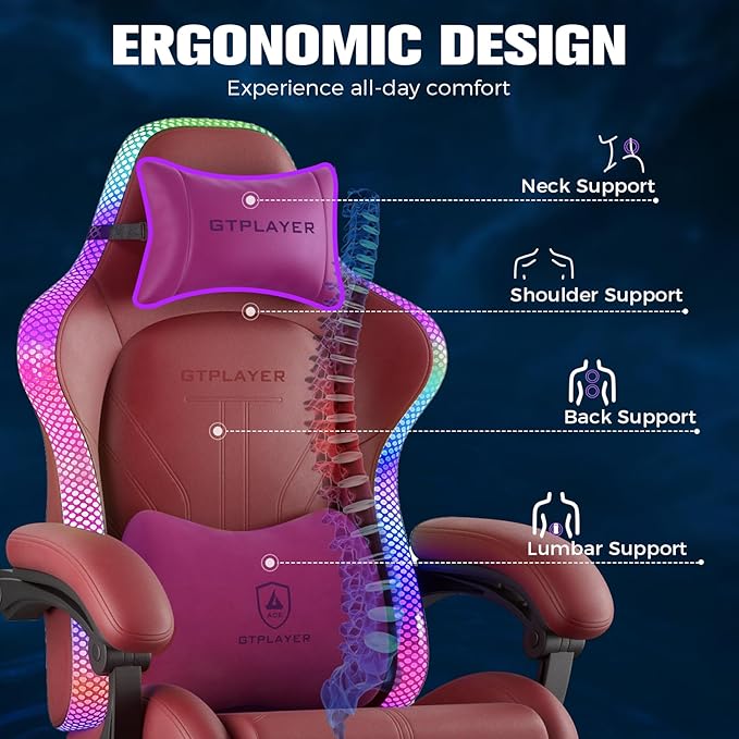 GTPLAYER Gaming Chair Computer Chair with RGB LED Lights High Back Ergonomic Chair for Adults with Footrest Reclining Office Chairs Linkage Armrest Wine Red