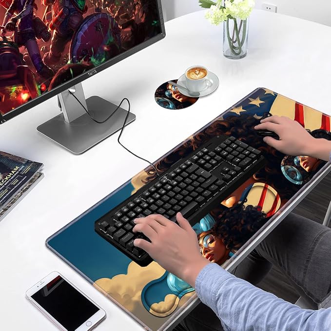 Ergonomic Keyboard Wrist Rest &amp Mouse Pad Wrist Rest Set Large XXL Gaming Desk Mat 31.5x 11.8 with Non-Slip Base Memory Foam Easy Typing Pain Relief for Home &amp Office African American Gi