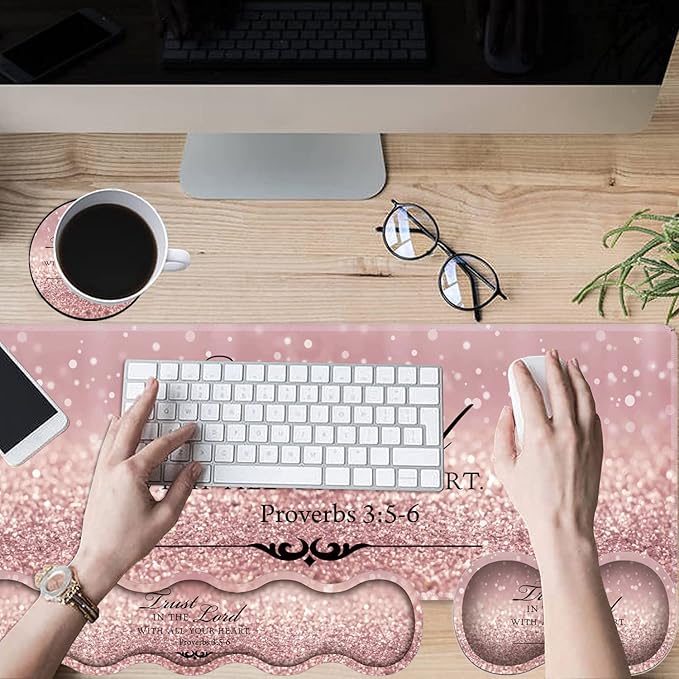Gaming Mouse Pad Set Large Gaming Mouse Pad+Keyboard Wrist Rest+Mouse Wrist Rest+Coaster Easy Typing Pain Relief 31.5 × 11.8 inch Desk Mat for Home Office Proverbs 3:5-6