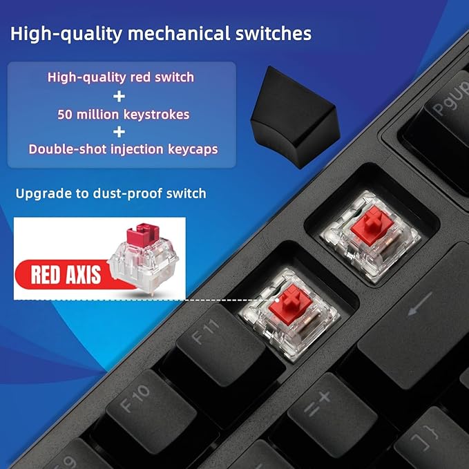 Mechanical Gaming Keyboard with Red Switches:98 Keys with Backlit Black Fine-tune audio or brightness using the dual-function knob17 Lighting ModesAnti-Ghosting Wired USB for PC Mac Gaming