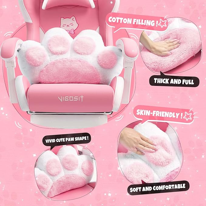【Gaming Chair with Paw Cushion】 Kawaii PC Gamer Chair for Girls Teens Adjustable Height &amp 90-155° Recline 360° Swivel with Retractable Footrest (Pink)