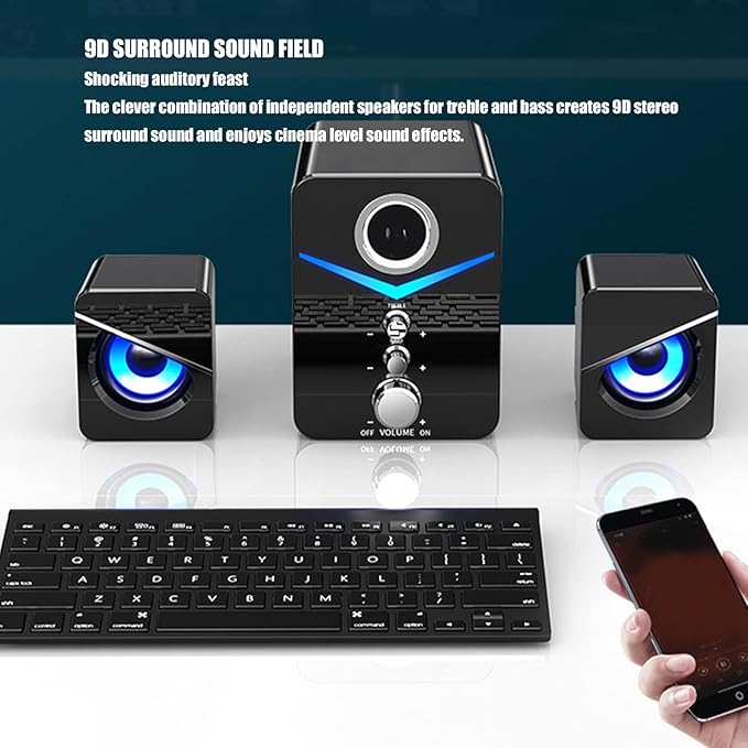 ASHATA Bluetooth Computer SpeakersCompact Computer Speaker with SubwooferDesktop Multimedia Speaker Deep Bass 2.1 Channelwith Blue Ambient Lightfor Wedding Party(Black)