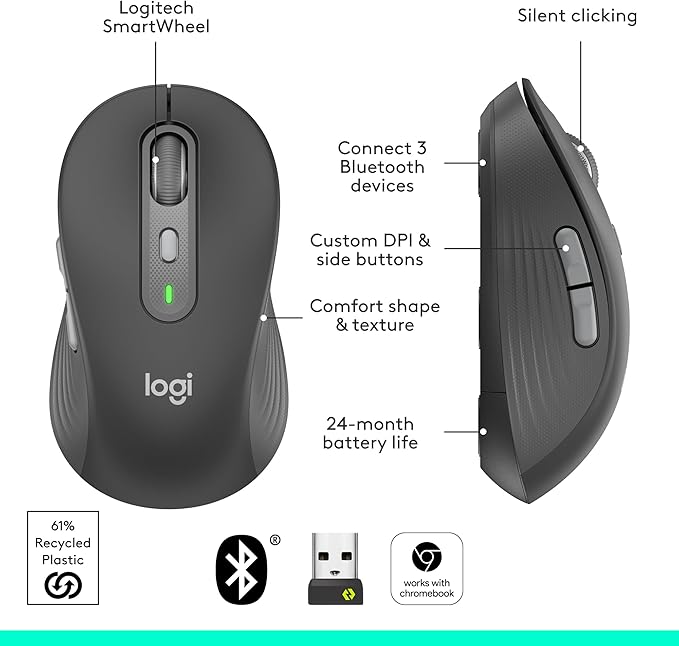 Logitech Signature Plus M750 Wireless Mouse – for Small to Medium Hands SmartWheel Bluetooth Multi Device 24-Month Battery Silent Clicks Customizable Side Buttons Contoured Shape - Graphite