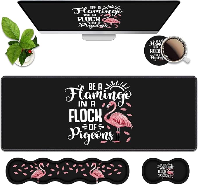Ergonomic Memory Foam Mouse Pad Wrist Rest Set Be a Flamingo in a Flock Pigeons Inspirational Quote Large Desk Pad + Keyboard Wrist Rest + Mouse Wrist Cushion + Coaster for Home Office Study Gaming