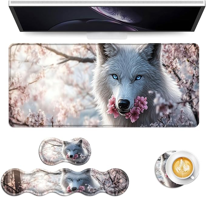 Keyboard Mouse Pad Set Extended Gaming Mouse Pad+Ergonomics Keyboard Wrist Rest Support Memory Foam Easy Typing Pain Relief 4Pcs XL Ultra Thick Desk MatWolf and Cherry Blossoms