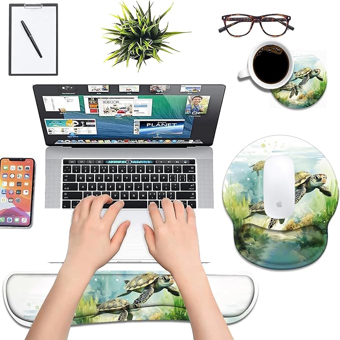 Keyboard Wrist Rest and Mouse Pad Wrist Support Set with Coasters Non-Slip PU Base Ergonomic Gaming Mousepad for Home Office Working Studying Easy Typing &amp Pain Relief - Sea Turtle