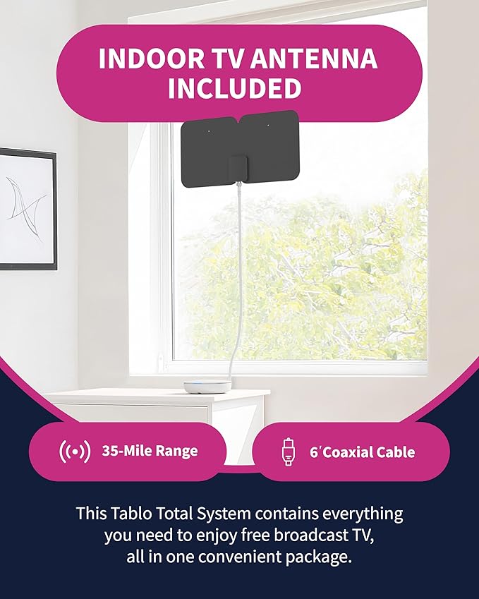 Tablo TV 4th Gen 4-Tuner Over-The-Air (OTA) DVR &amp 35-Mile Indoor TV Antenna - Watch Pause &amp Record Live TV News &amp Movies Throughout Your Home Over Wi-Fi - 50+ Hrs Recording - No Subscrip