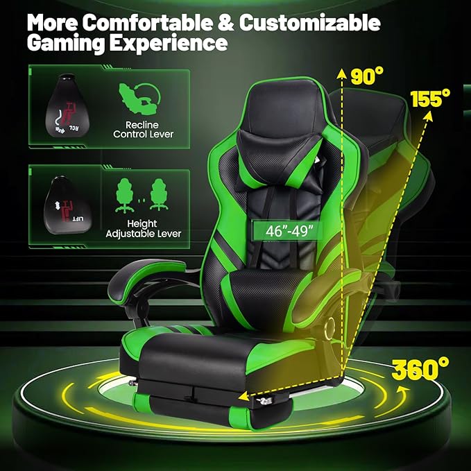 Goplus Gaming Chair Computer Chair with Footrest and Lumbar Support Height Adjustable Executive Swivel Rolling Task Chair with 90°-155° Tilt Function (Green)