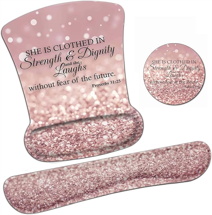 Ergonomic Mouse Pad Wrist Support Gel and Keyboard Wrist Rest Set Proverbs 31:25Bible Verse Pink Glitter Design for Laptop Mac Gaming and Office Durable Comfortable and Pain Relief + Coaster