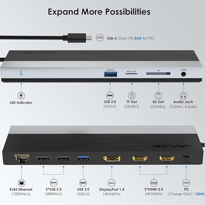 WAVLINK USB C Docking Station USB-C Dock Triple Display PD 85WUSB Type C Hub with DisplayPort HDMI USB 2.0/3.0 Gigabit Ethernet SD/TF Slot Audio Jack for Windows and Mac