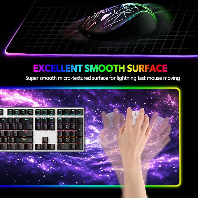 AIMSA RGB Mouse Pad LED Gaming Mouse Pad with 14 Lights Modes Non-Slip Rubber Base Computer Carpet Desk Mat for PC Laptop (35.4 x 15.8 inch) Purple Blue Nebula