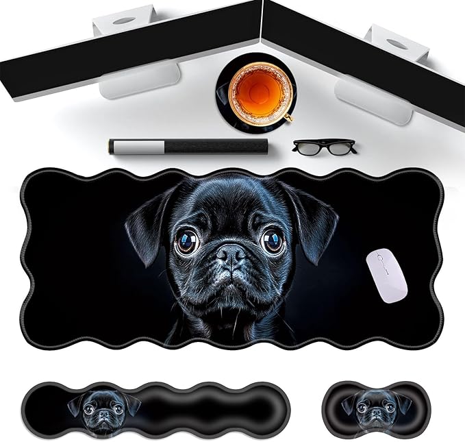 Large Gaming Mouse Pad Keyboard Wrist Rest Pad &amp Wrist Support Mousepad Set Stitched Edge Extended Non-Slip Base Memory Foam Desk Mat for Office HomeCute Pug Dog