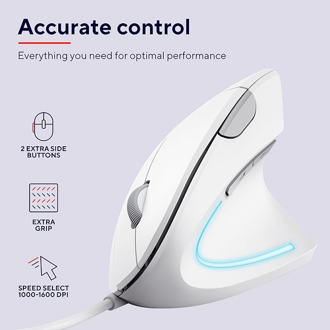 Trust Verto Wired Ergonomic Mouse Vertical Mouse with LED Illumination Reduces Arm Strain 1000-1600 DPI 6 Buttons for Right Hand Users 1.5m USB Cable Computer Mouse for PC Laptop. Mac - White