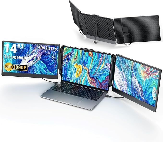 14’’ Triple Laptop Screen Extender 1080P FHD Portable Dual Monitor for Laptop USB C HDMI Plug-Play Monitor Extender for Triple Display for Mac/Windows Fit 13”-17.3” Laptops