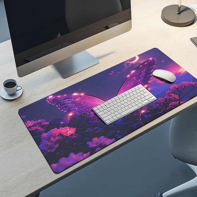 Purple Butterfly Mouse Pad Large Desk Mat Extended Keyboard Mouse Pad with Non-Slip Base and Stitched Edge Mouse Mat Desk Pad 36x16 Mouse Pads for Desk Home Office Gaming