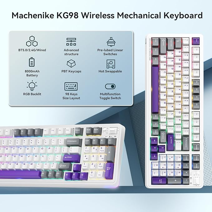 Machenike KG98 Mechanical KeyboardHot Swappable Custom Gaming KeyboardPre-lubed Linear SwitchesRGB SidelitTri-Mode 98 Keys Compact Layout for Gaming/Typing/Win/Mac/PC