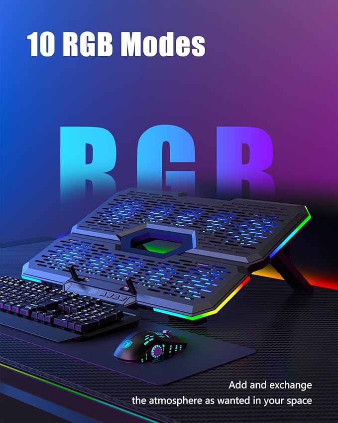 Laptop Cooling Pad Gaming Laptop Cooler with 10 Quiet Fans Height Adjustable Laptop Cooling Stand for 12-18.1 Laptops RGB Lights with Laptop Fan with 2 USB Port and Phone Stand