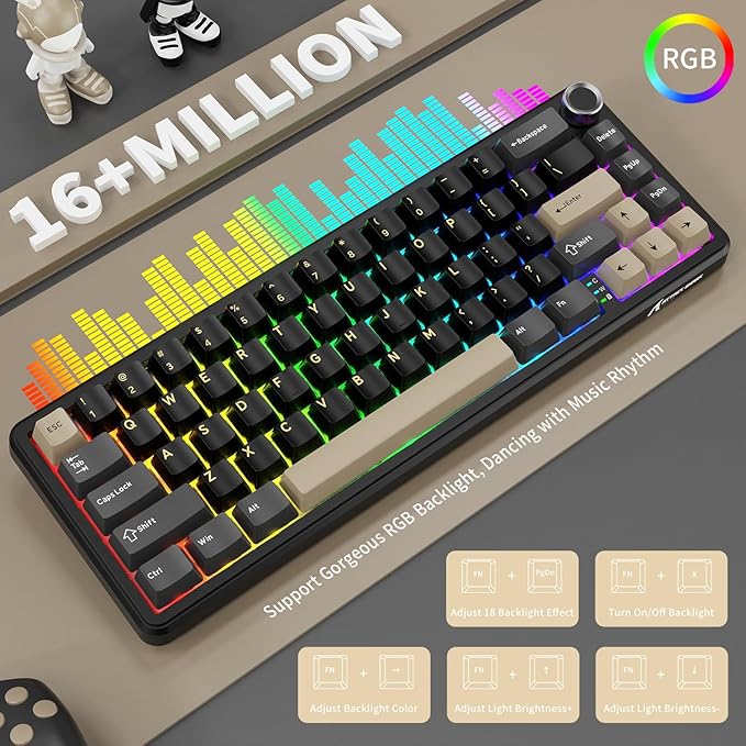 ATTACK SHARK X66 Wireless Mechanical Gaming Keyboard with KnobTri Mode USB-C/BT5.0/2.4G Gasket Mounted 60% RGB Gaming Keyboard 66KeysPBT Keycap Hot Swappable Custom Strawberry Switch(Star Black)