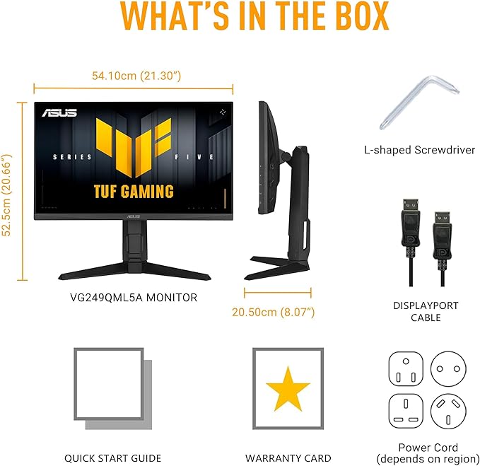 ASUS TUF Gaming Series 5 23.8” 1080P Monitor (VG249QML5A) - Fast-IPS 240Hz 0.3ms G-SYNC Compatible FreeSync Premium 99% sRGB Height Adjustable DisplayWidget Gaming AI 3 yr Warranty