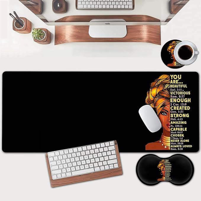 Large Mouse Pad Extended Office Desk Pad 31.5x11.8inErgonomic Memory Foam Mouse Wrist Rest Support for Home Office Computer Writing PadAfrican American Black Queen Women XXL Black Gaming Mouse Mat
