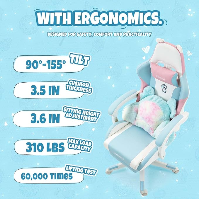 【Gaming Chair with Paw Cushion】 Kawaii PC Gamer Chair for Girls Teens Adjustable Height &amp 90-155° Recline 360° Swivel with Retractable Footrest (BluePink)