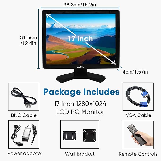 JaiHo 17 Inch PC Monitor TFT LCD Monitor - 1280 x 1024 Resolution 4:3 HDMI Monitor Color Display Screen with HDMI/VGA/BNC/AV/USB Earphone Input Built-in Dual Speakers Black